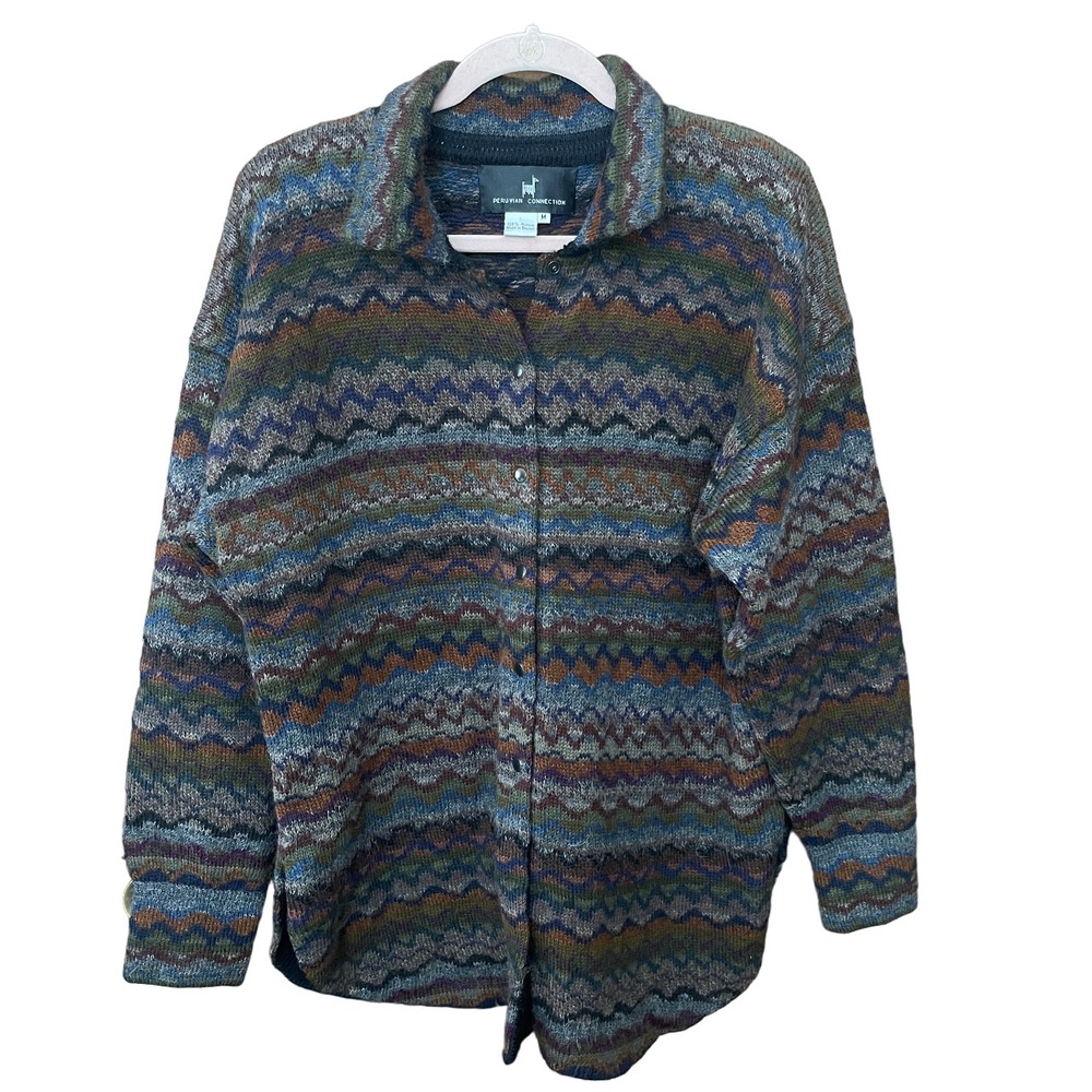 Peruvian‎ Connection 100% Alpaca Knit Button Shirt Jacket Shacket Aztec Boho Med
